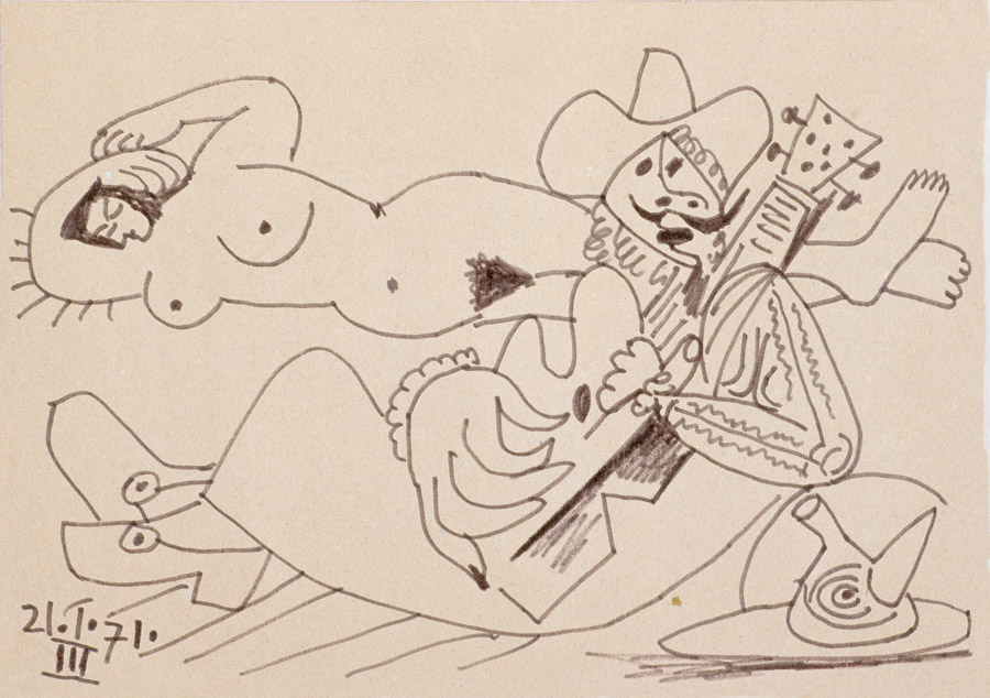 Homme à la guitare, femme couchée et porron III, 21 janvier 1971, crayon feutre de couleur sur carton, 22 cm x 31 cm.