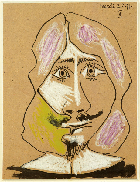 Tête de mousquetaire V, 2 février 1971,  encre de chine et craies de couleur sur carton, 27,1 cm x 20,6 cm.