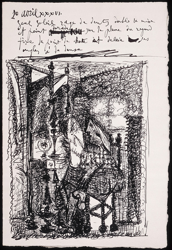 Pablo Picasso,  Femme devant un dressoir et poèmes en français,  Feuille pliée en deux, recto, 10 avril 1936.