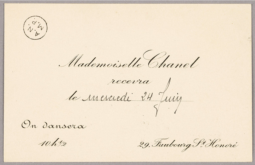 Invitation de Mademoiselle Chanel à Madame et Monsieur Picasso à une soirée chez elle. Vers 1918.