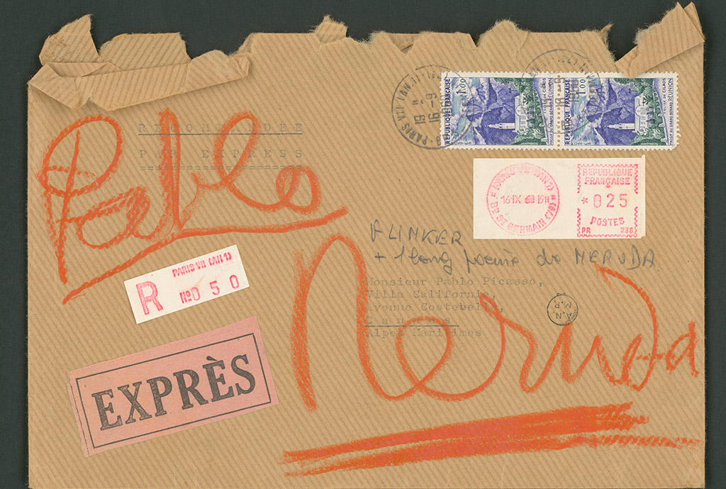 Picasso, Enveloppe d’un poème envoyé par Pablo Neruda à Picasso. 17 septembre 1960 .
