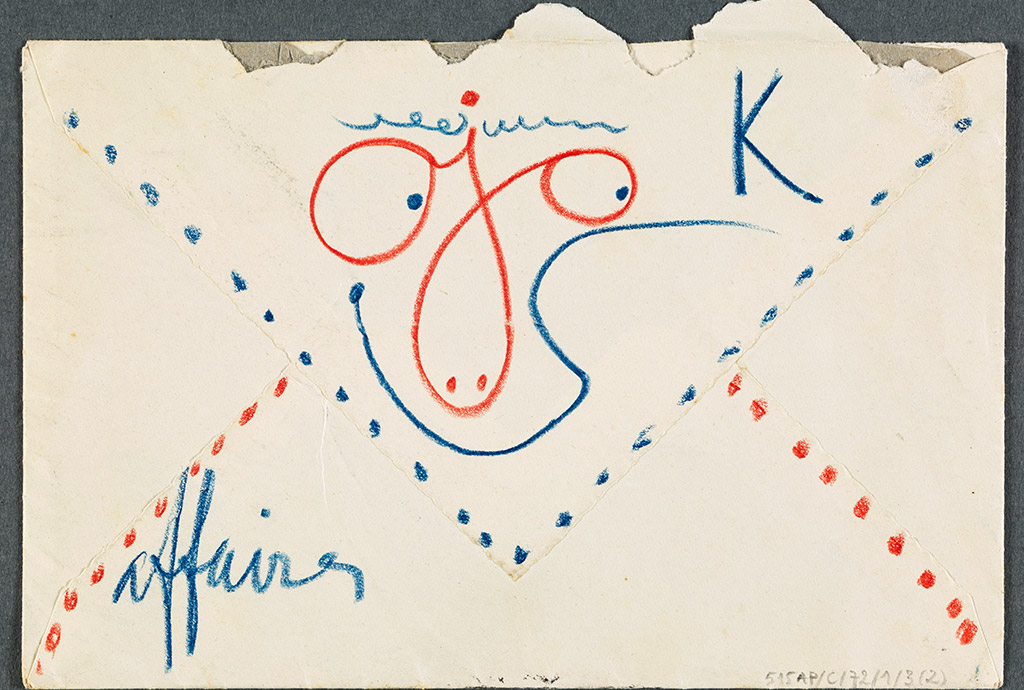 Enveloppe annotée avec un dessin de Picasso,  21 juillet 1957